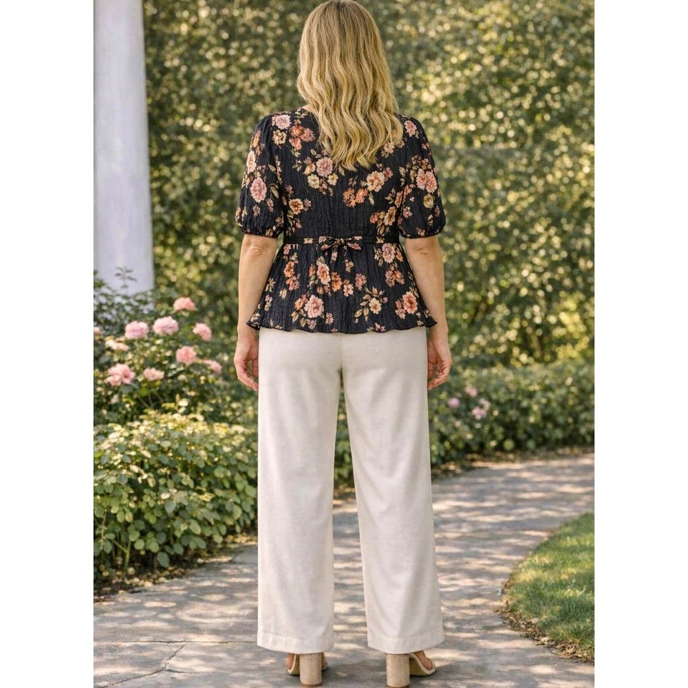 Laura Ashley Crinkled Blouse Womens Size XL Black Floral Peplum Tie Front EUC - Picture 2 of 9